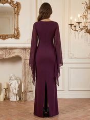 Ruched Evening Gown with Long Chiffon  Sleeves