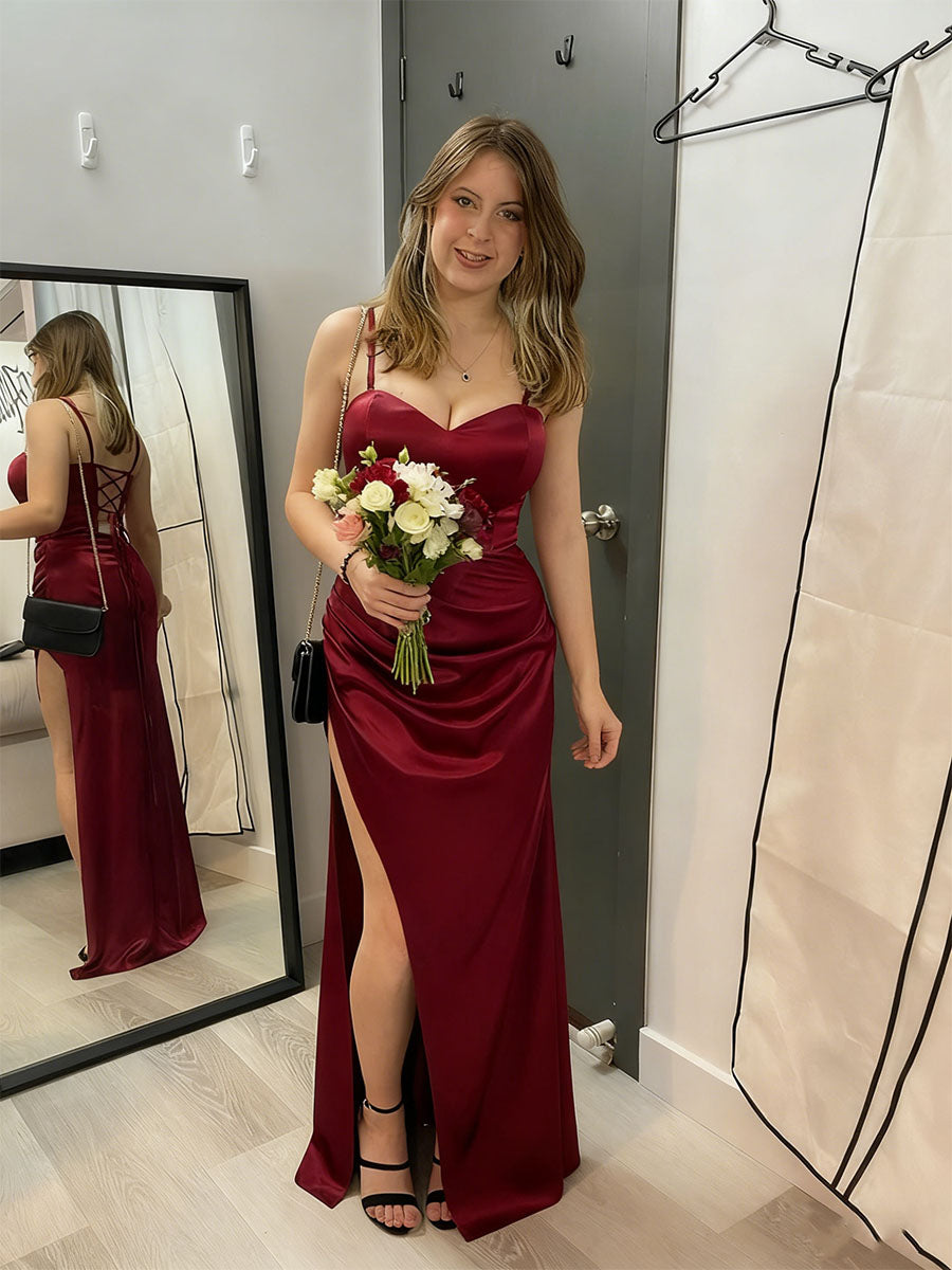 Burgundy Satin Spaghetti Strap Ruched Prom Dress with High Slit