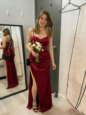 Burgundy Satin Spaghetti Strap Ruched Prom Dress with High Slit