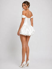 Elegant Off-Shoulder Satin Mini Wedding Dress with Corset Detail, Lace-Up Back and Bubble Skirt