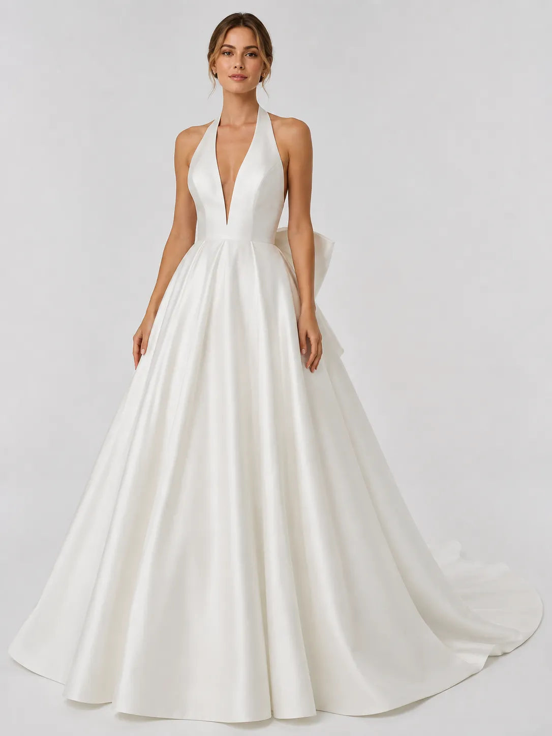 Elegant Halter Deep V-Neck Satin Ball Gown Wedding Dress with Oversized Back Bow and Cathedral Train