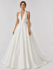 Elegant Halter Deep V-Neck Satin Ball Gown Wedding Dress with Oversized Back Bow and Cathedral Train