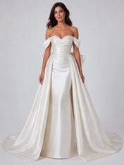Elegant Off-Shoulder Satin Wedding Dress with Ruched Sweetheart Bodice, Overskirt, Beading and Chapel Train