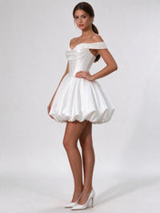 Off-the-Shoulder Pearl Satin Corset Bubble Mini Dress Wedding Dress