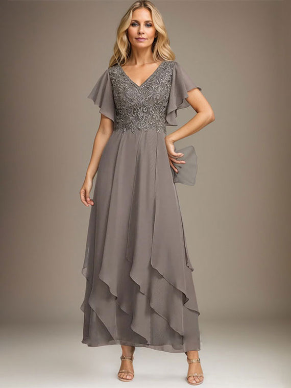 A-Line/Princess V-Neck Ruched Tea-Length Pleated Mother of the Bride & Groom Dresses with Jewel Appliques & Ruffles