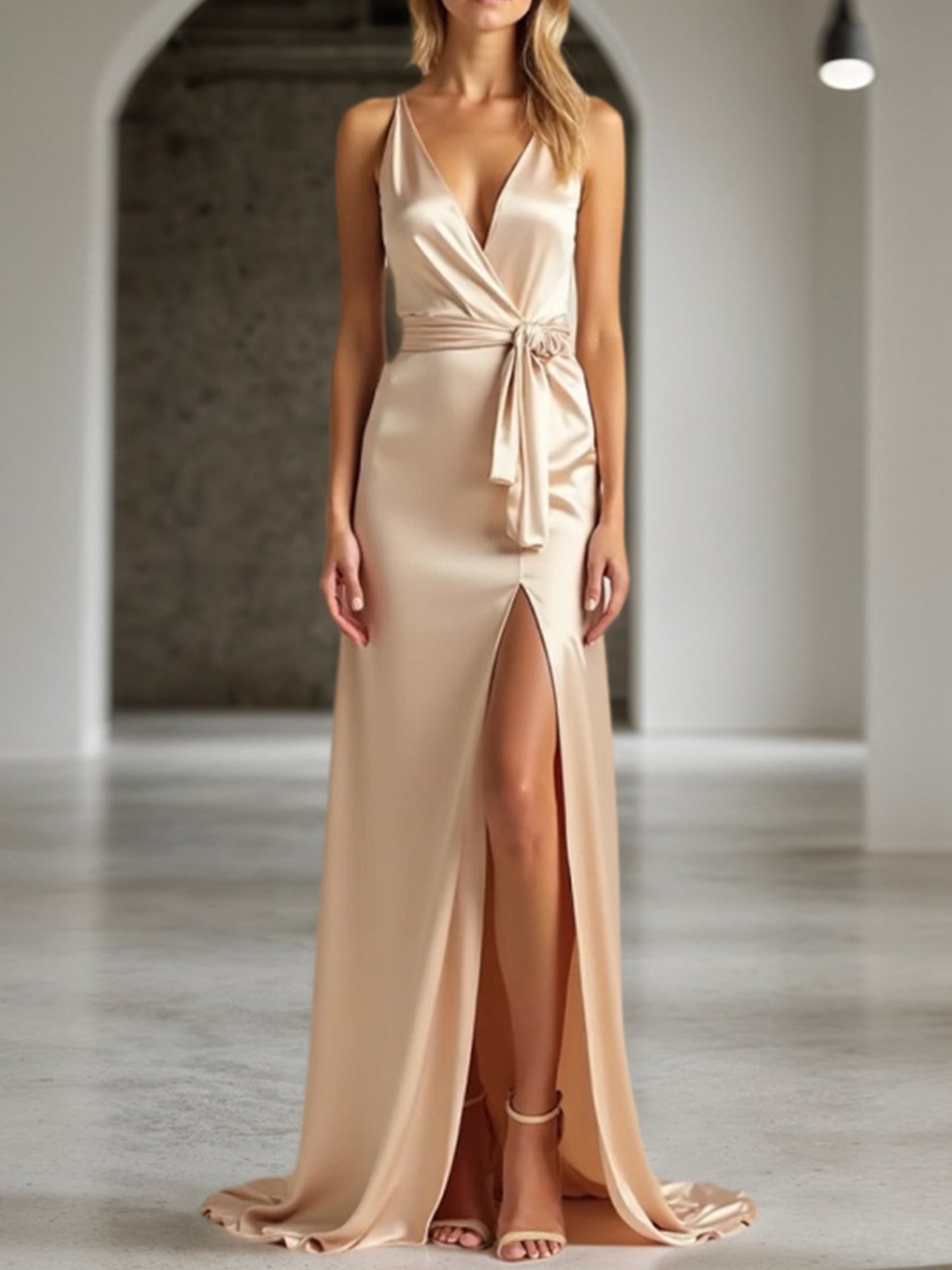 Formal Wedding Guest Satin Dress Champagne V Neck Split Maxi Dress