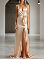 Formal Wedding Guest Satin Dress Champagne V Neck Split Maxi Dress