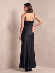 Lace-Trim Cowl-Neck Satin Slip Prom Dress with Asymmetric Seam and Spaghetti Straps