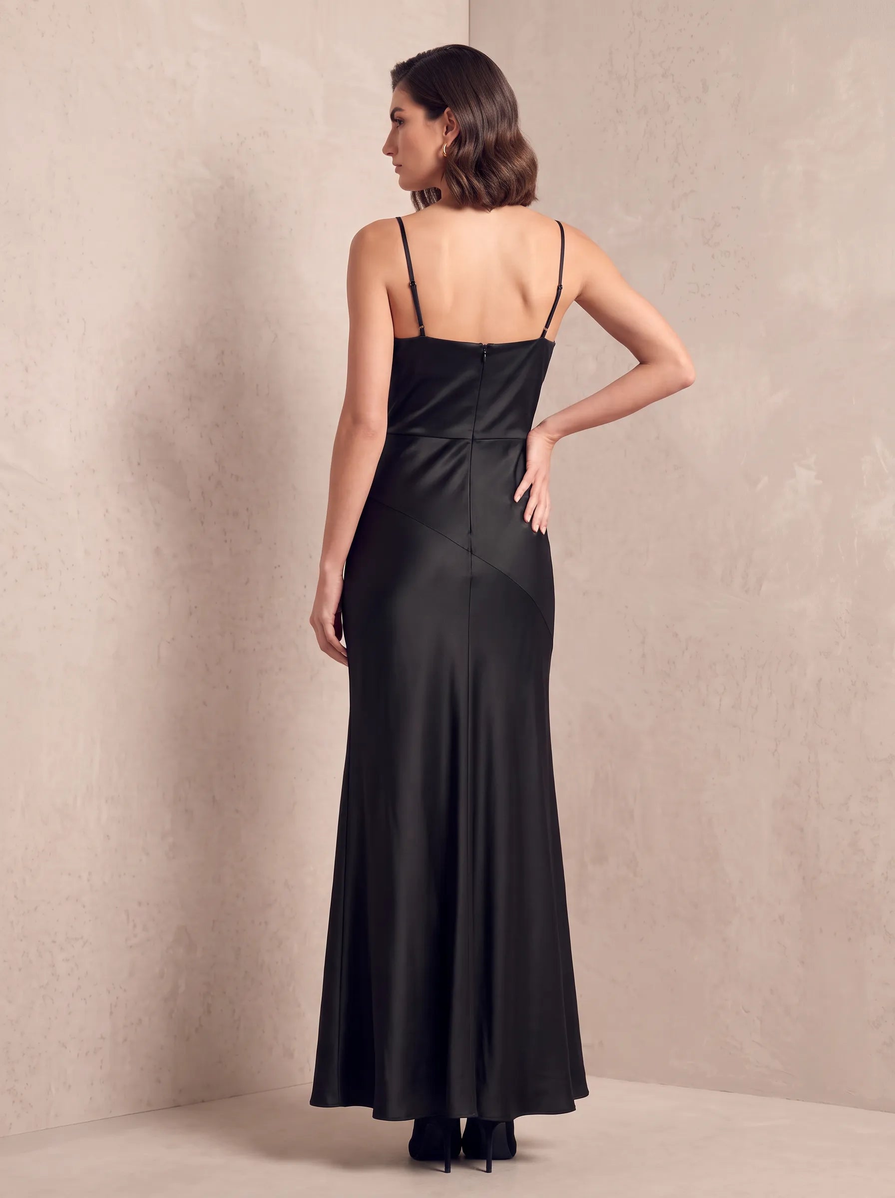 Lace-Trim Cowl-Neck Satin Slip Prom Dress with Asymmetric Seam and Spaghetti Straps