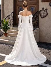 Off‑the‑Shoulder Long Sleeve Satin High‑Low Wedding Dress With 3D Floral Appliques