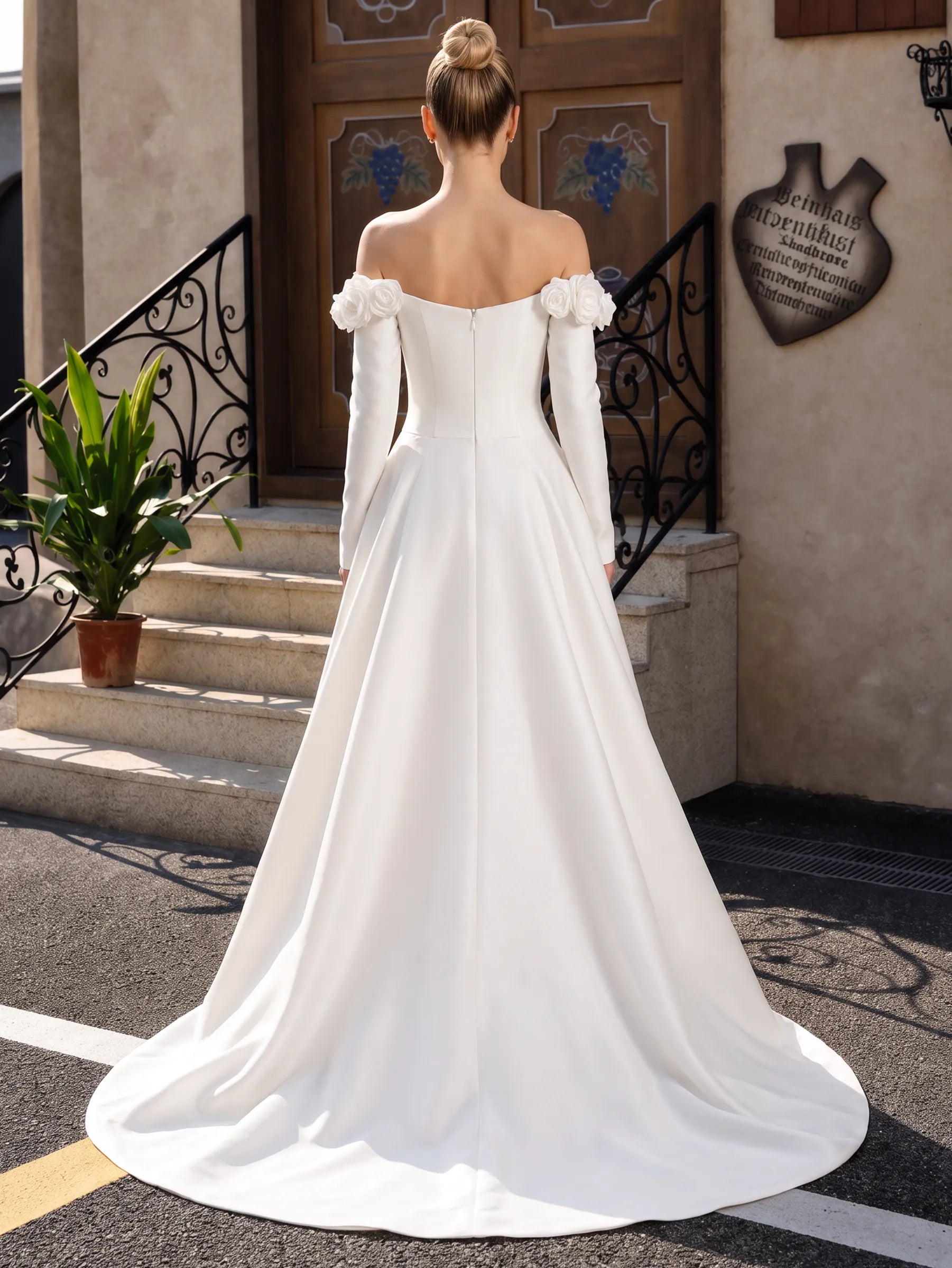 Off‑the‑Shoulder Long Sleeve Satin High‑Low Wedding Dress With 3D Floral Appliques