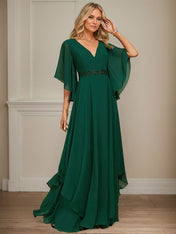 A-line V-Neck Floor-Length Chiffon Mother of the Bride Dress With Sequins Appliques Lace Beading