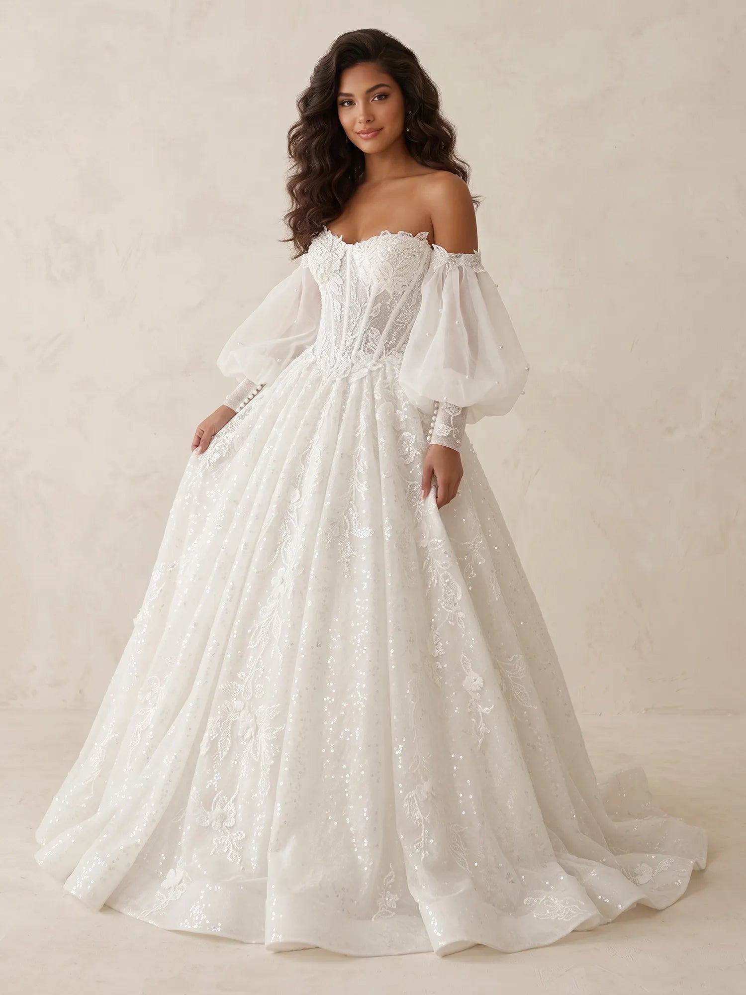 Elegant Off-The-Shoulder Long-Sleeve Lace Ball Gown Wedding Dress with Chapel Train