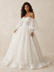 Elegant Off-The-Shoulder Long-Sleeve Lace Ball Gown Wedding Dress with Chapel Train