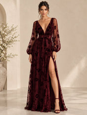 Deep V-Neck Burnout Velvet Long Evening Dress with Slit and Bow Waist