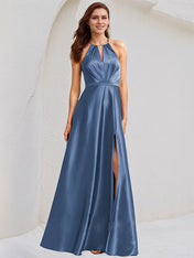 A Line Satin Halter Neck Sleeveless Floor Length Bridesmaid Dress