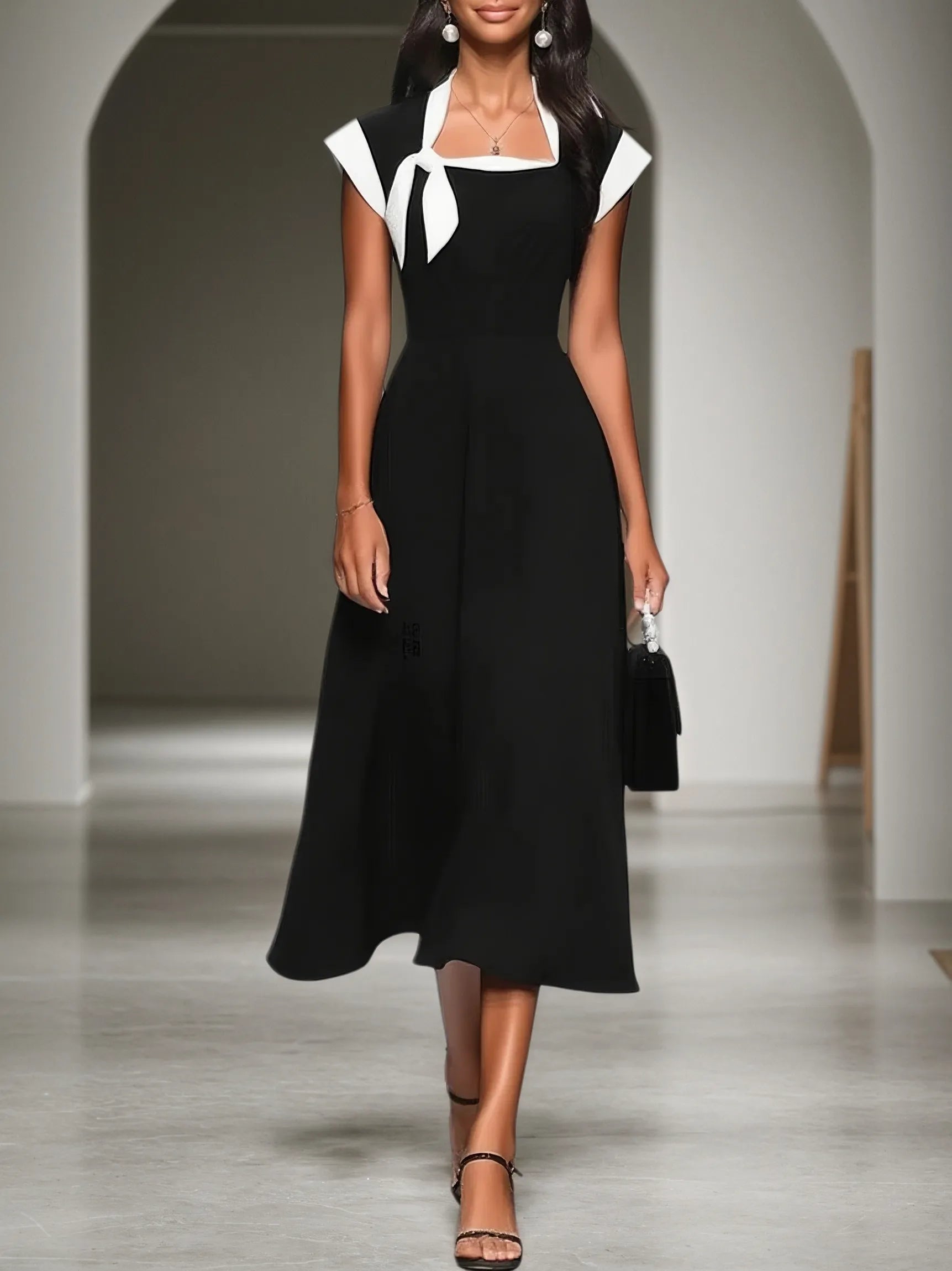 Black Bow Classic Square Neck Cap Sleeve A-Line Midi Dress
