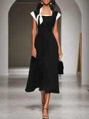 Black Bow Classic Square Neck Cap Sleeve A-Line Midi Dress