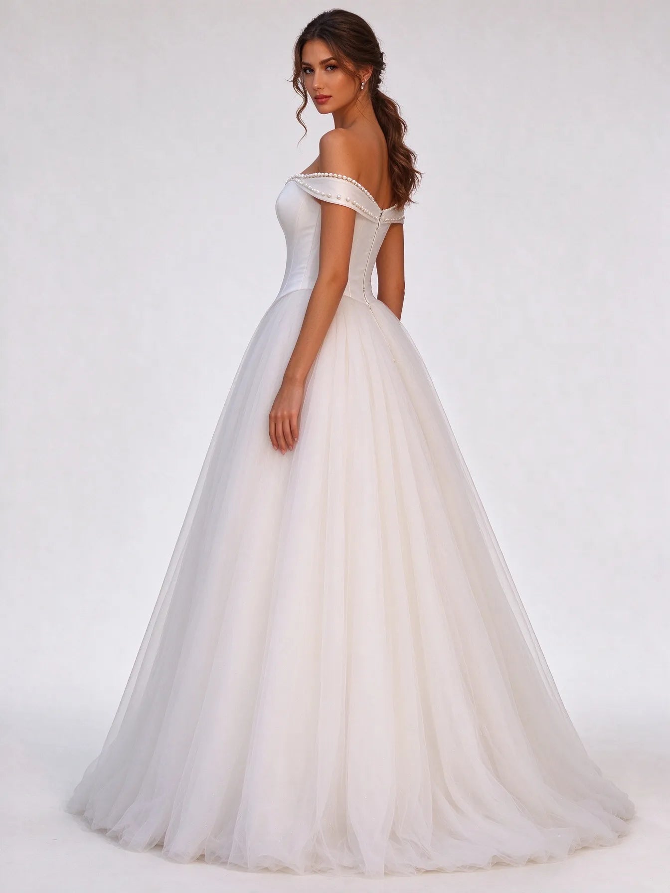 Off-the-Shoulder Pearl Trim Satin & Tulle A-Line Wedding Dress
