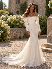 Off-the-Shoulder Satin and Lace Mermaid Wedding Dress