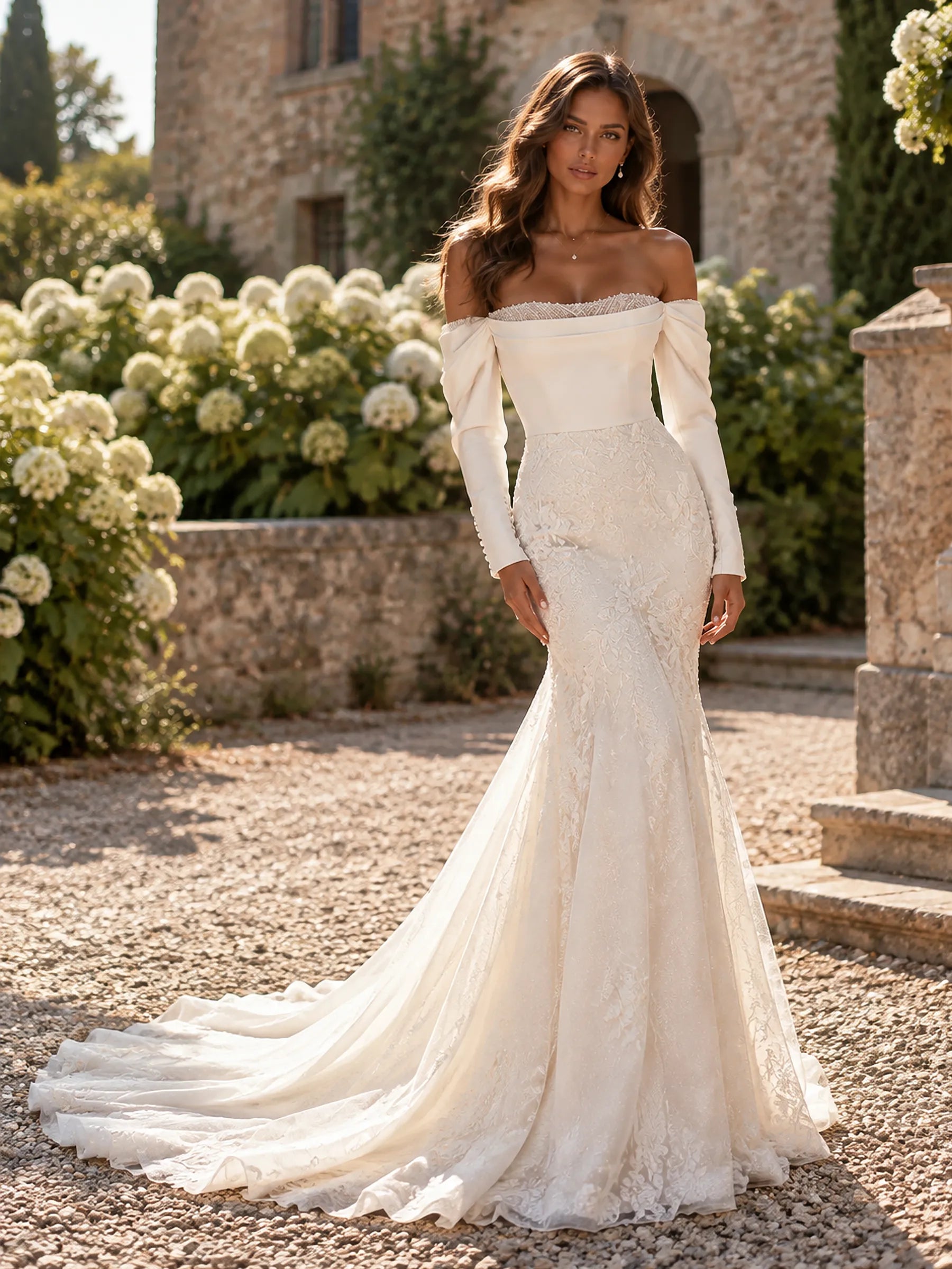 Off-the-Shoulder Satin and Lace Mermaid Wedding Dress