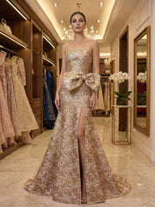 Hot Pink Floral Brocade Strapless Oversized Bow Prom Dress with Slit