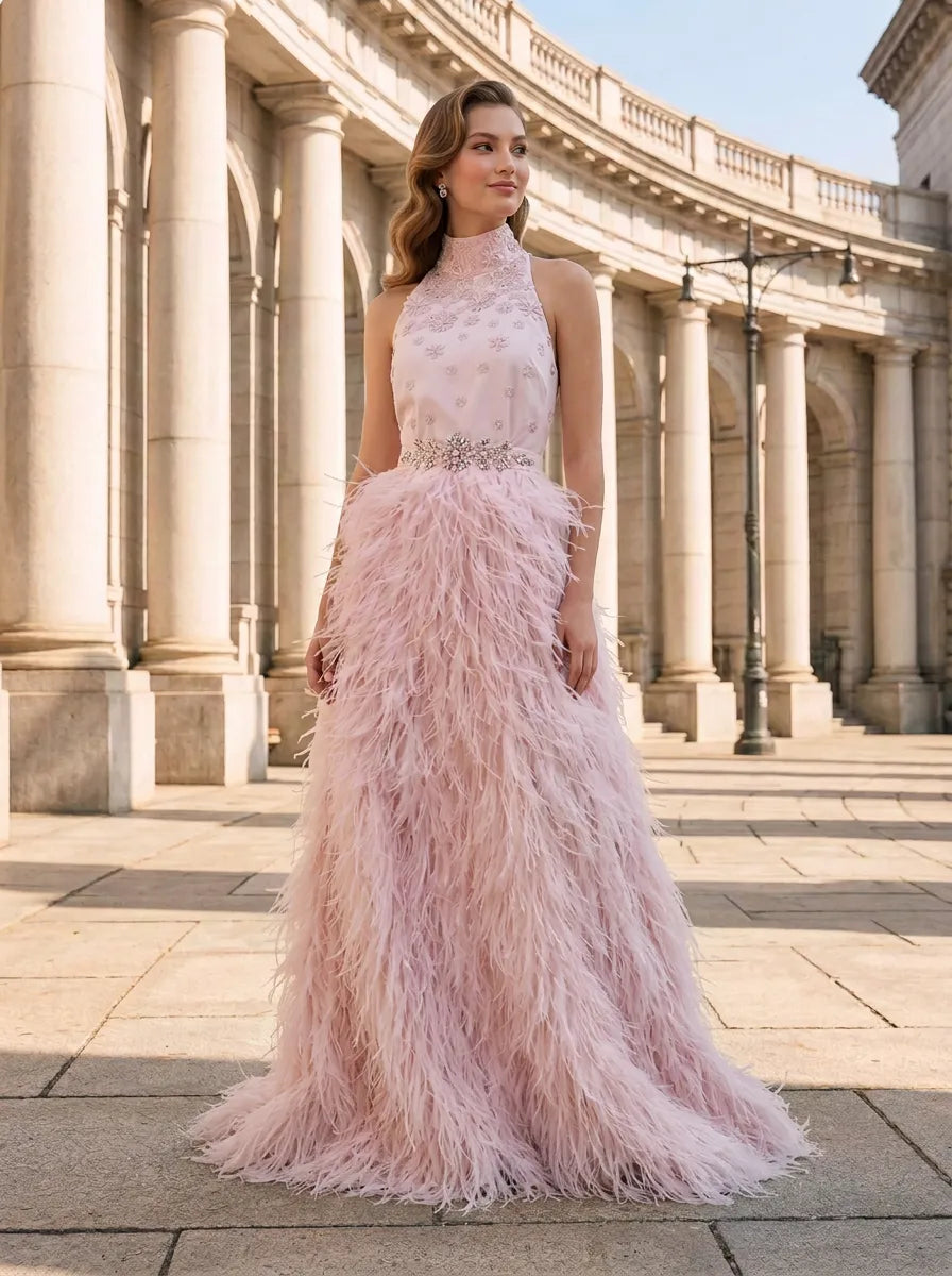 High-Neck Beaded Crystal Belt Feather Embellished Pink Column Evening Dress