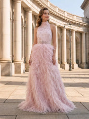 High-Neck Beaded Crystal Belt Feather Embellished Pink Column Evening Dress