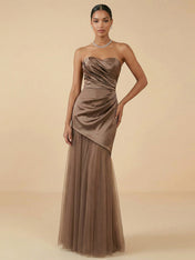 Strapless Satin Evening Gown with Draped Bodice and Tulle Skirt