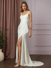 White Mermaid Pleated Crepe Back Satin Wedding Dress
