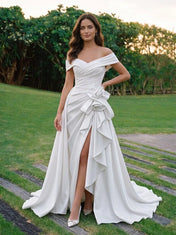 Off-the-Shoulder Draped Satin A-Line Wedding Dress with Ruffle and Slit