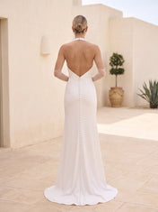 Halter Cowl-Neck Lace-Panel Crepe Column Wedding Dress with High Slit and Opera Gloves
