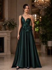 Emerald Green One-Shoulder Satin Evening Dress with Bow Detail