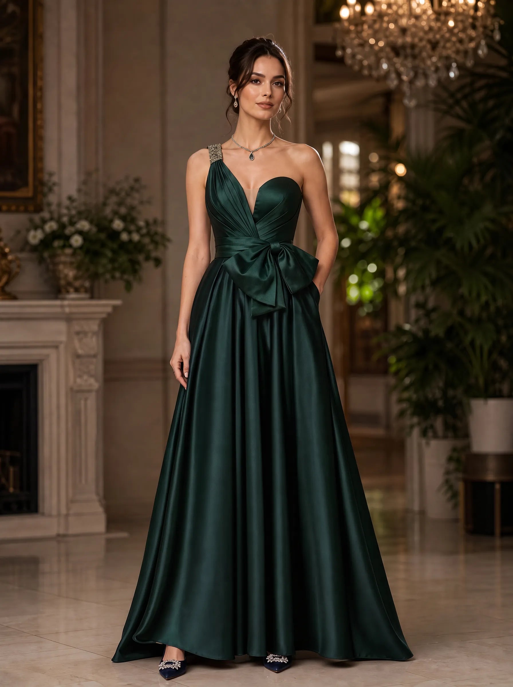 Emerald Green One-Shoulder Satin Evening Dress with Bow Detail