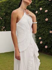 Purple Asymmetrical Pleated Halter Neck Midi Dress