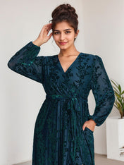 A-Line V-Neck Long Sleeves Velvet Tea-Length Mother of the Bride Dress With Split