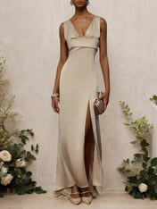 Apricot V Neck Sleeveless Slit Sheath Satin Dress