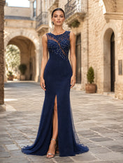 Illusion Applique Sequin Mermaid Evening Dress with Slit