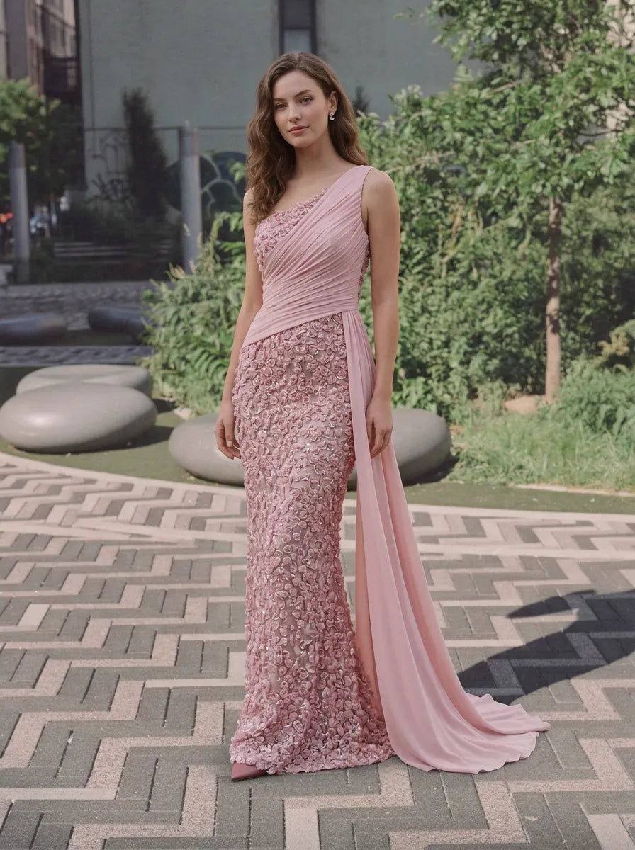 One-Shoulder Draped Rosette-Applique Pink Column Evening Dress