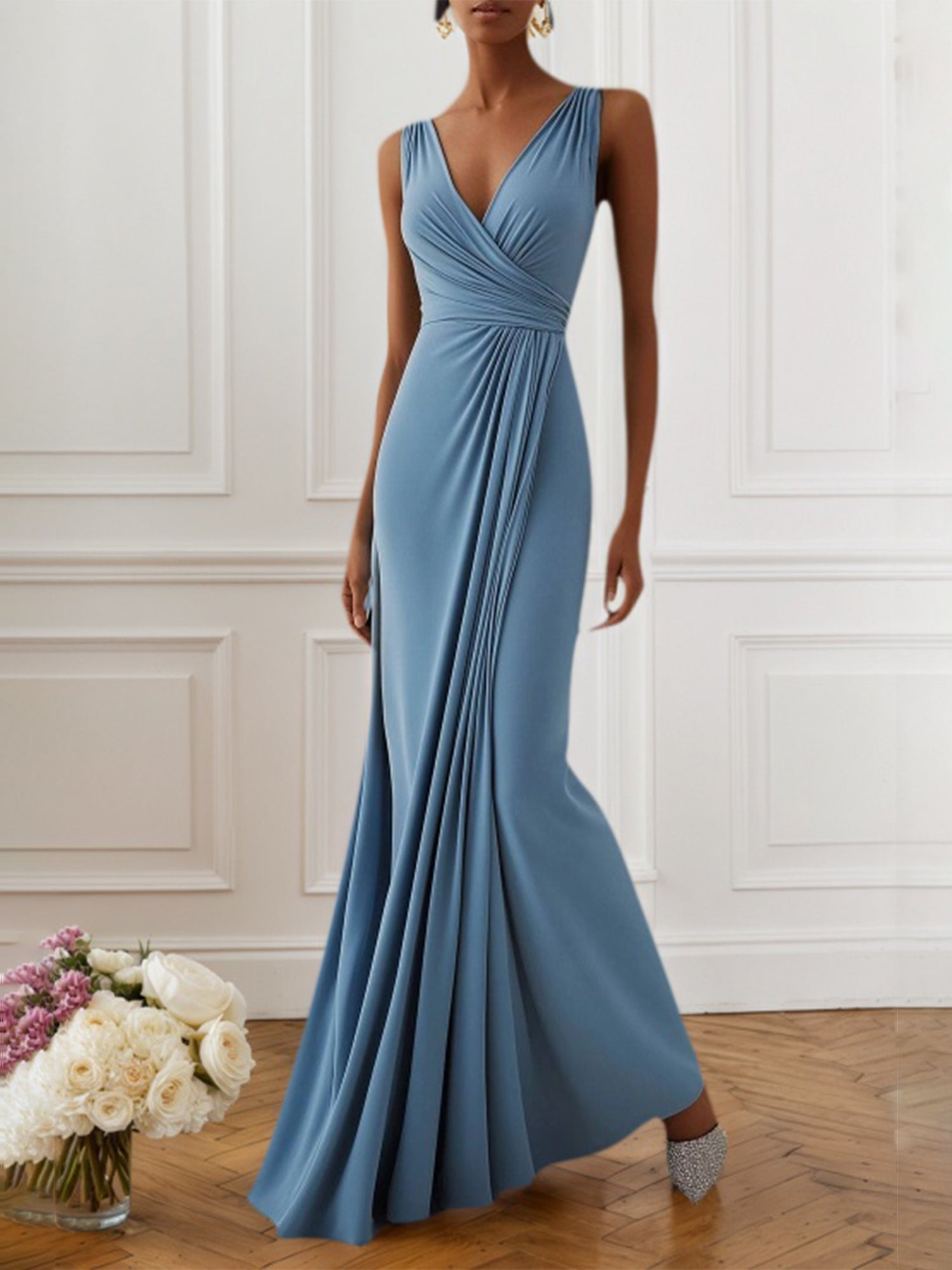 Fall Wedding Guest Dress Light Blue Spaghetti Strap Pleated Maxi Dress