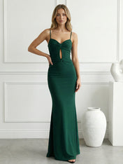 Green Spaghetti Straps Mermaid Hollowed Maxi Dresses