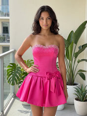 Fuchsia Pearl Corset Short Homecoming Dresses Large Waist Bow Lace Up Back