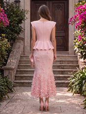 Cap-Sleeve Peplum 3D Floral Applique Mermaid Evening Dress