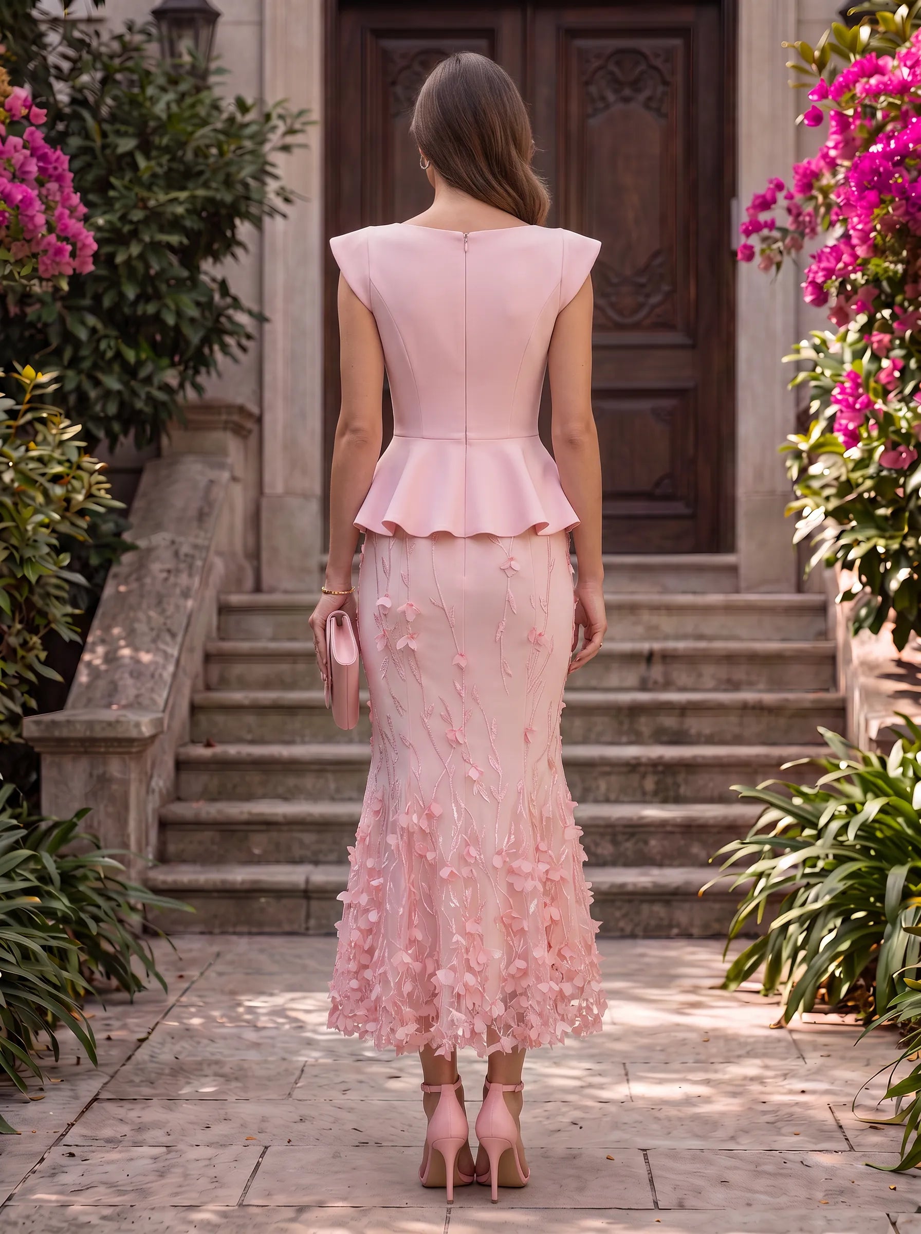 Cap-Sleeve Peplum 3D Floral Applique Mermaid Evening Dress