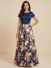 Navy Blue Short Sleeves Satin Two-piece Print Floral Mother of the Brides dress with Bow
