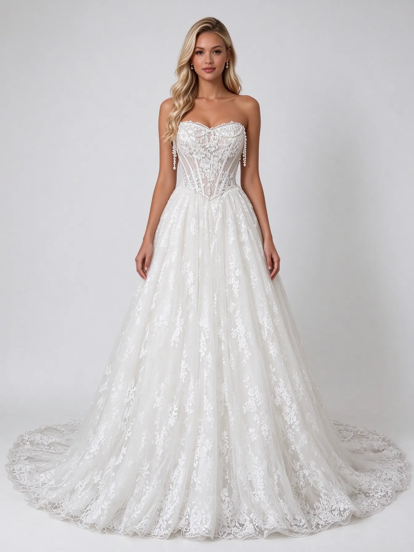 Strapless Lace Sheer-Corset A-Line Bridal Wedding Dress with Cathedral Train