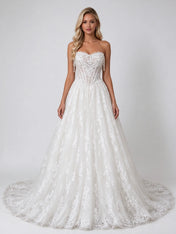 Strapless Lace Sheer-Corset A-Line Bridal Wedding Dress with Cathedral Train