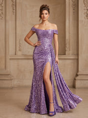 Off-the-Shoulder Ruched Sequin Sleeveless Mermaid Prom Dress