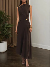Brown Buckle Ruched Cotton Knit Asymmetrical Sleeveless A-Line Maxi Dress