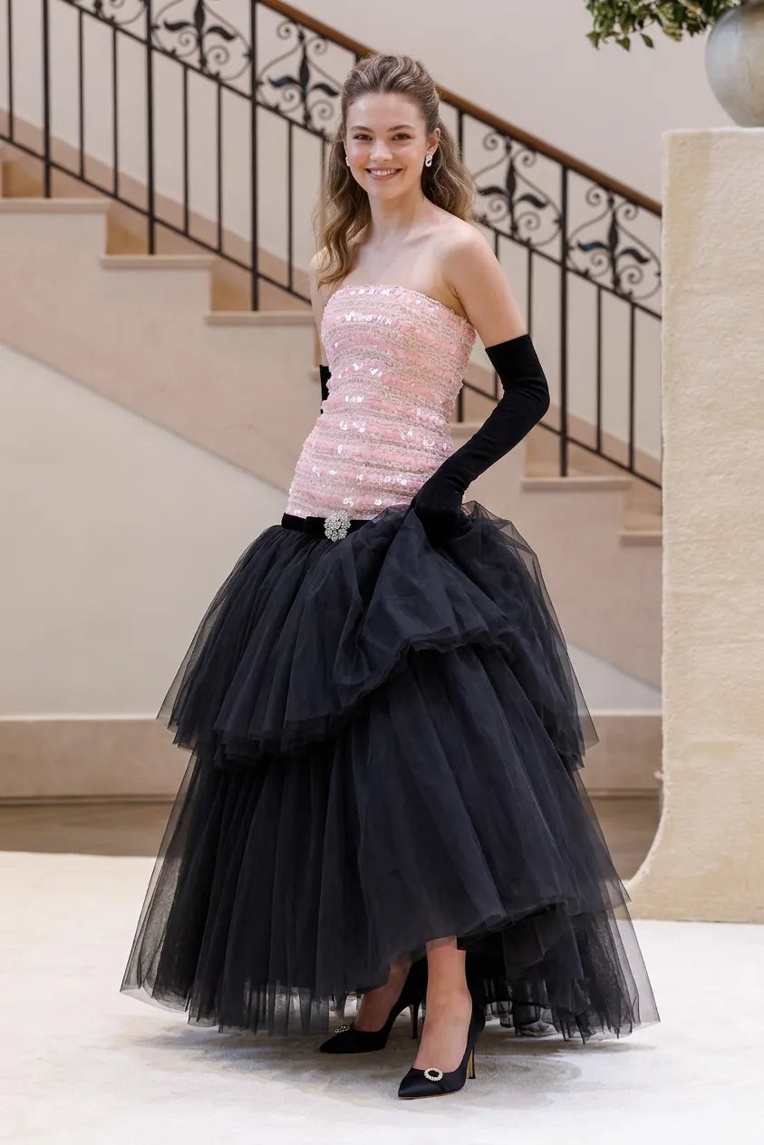 Pink and Black Strapless Sequin Tiered Tulle Evening Dress